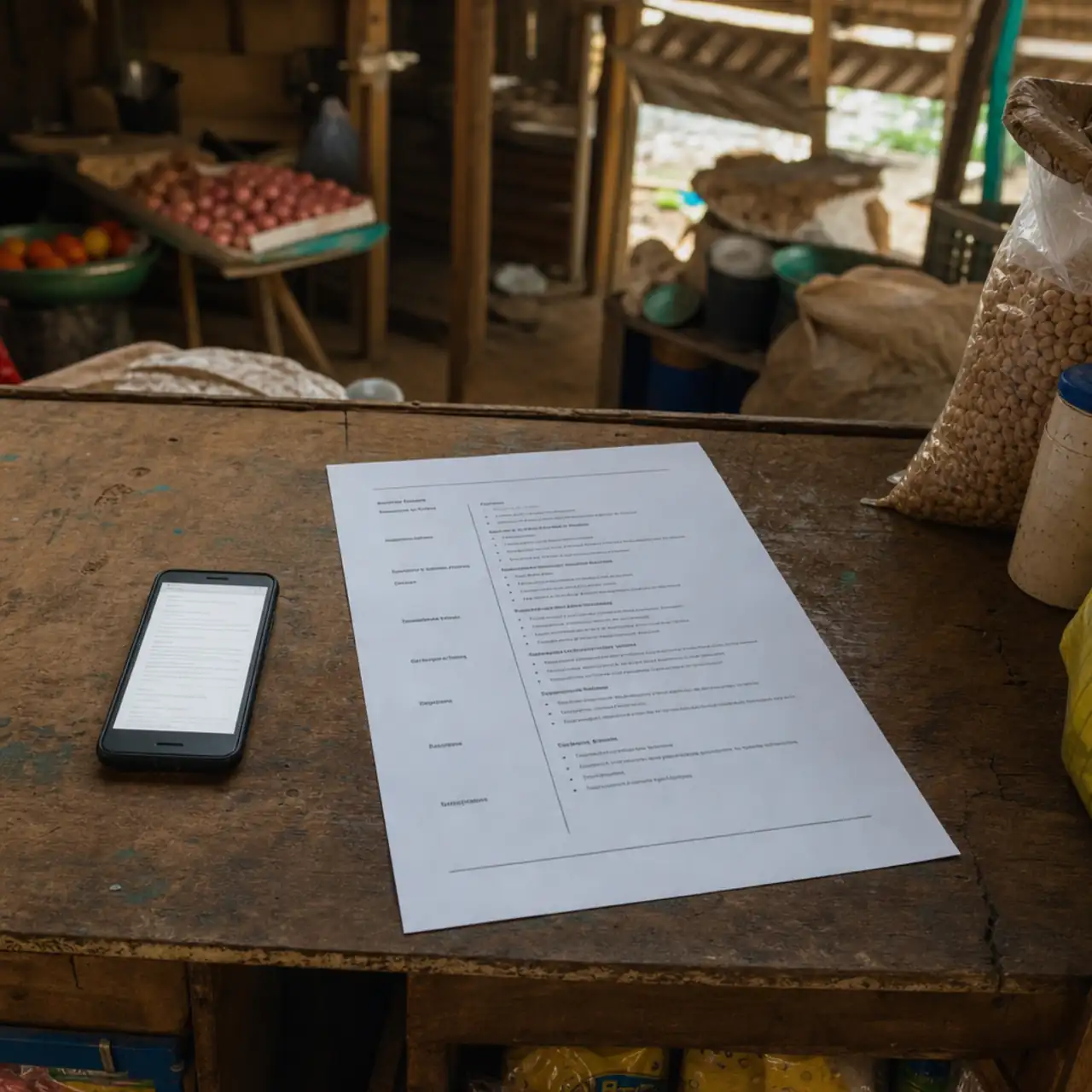 Une page de CV imprimée posée sur le comptoir en bois d’une boutique, à côté d’un téléphone